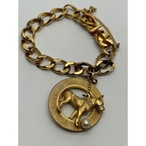Vintage Gold Plated GREAT DANE Dog Charm Bracelet With Culture Pearl Decor